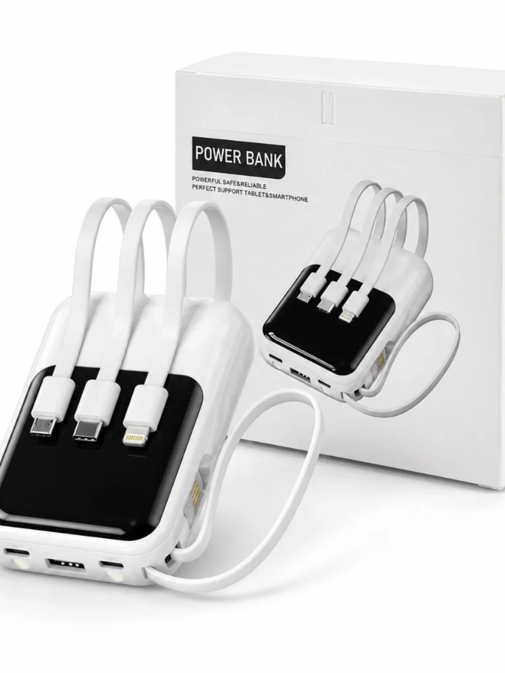 Portable Power Bank with Built-In Charging Cables & LED Light – New